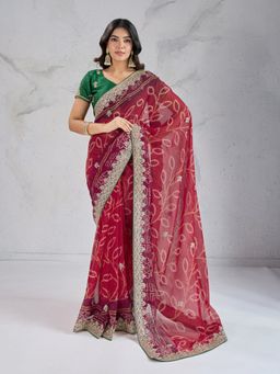 VAIRAGEE - Red Embroidered Saree with Unstitched Blouse