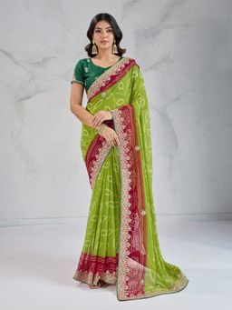VAIRAGEE - Green Embroidered Saree with Unstitched Blouse