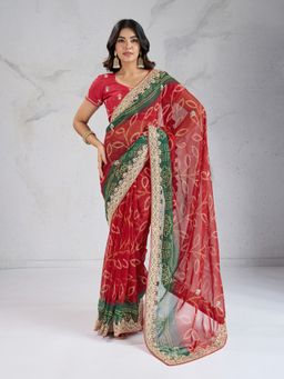 VAIRAGEE - Red Embroidered Saree with Unstitched Blouse