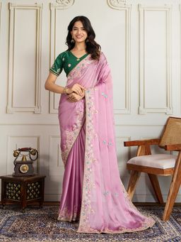VAIRAGEE - Pink Embroidered Saree with Unstitched Blouse