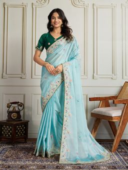 VAIRAGEE - Blue Embroidered Saree with Unstitched Blouse