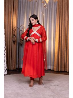 ADORNIA - Red Georgette Solid Anarkali Kurta with Churidar and Dupatta