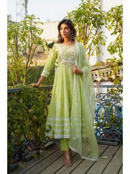 Aavanya - Green Cotton Embroidered Round Neck Anarkali Kurta with Pant and Dupatta