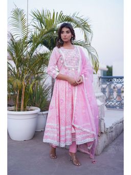 Aavanya - Pink Embroidered Round Neck Anarkali Kurta with Pant and Dupatta