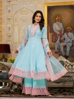 Aavanya - Sea Green Georgette V-Neck Anarkali Kurta with Palazzo and Dupatta