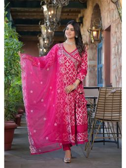 Aavanya - Pink Cotton V-Neck Anarkali Kurta with Pant and Dupatta