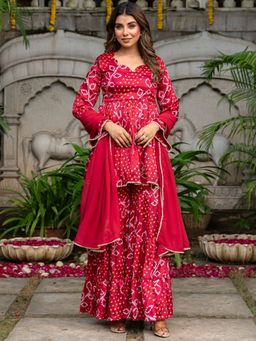 HOUSE OF JAMOTI - Mehar Bandhani Maroon Kurti with Sharara and Dupatta