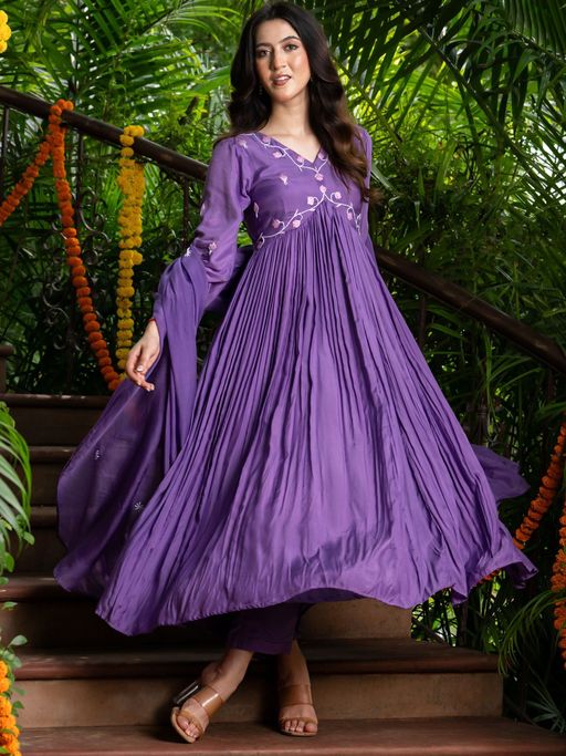 HOUSE OF JAMOTI Velour Purple Anarkali Kurta with Pant and Dupatta