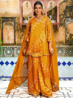 HOUSE OF JAMOTI - Ambre Flame Orange Angarkha Kurta with Palazzo and Dupatta