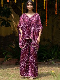 HOUSE OF JAMOTI - Garnet Rush Bandhej Wine Kaftan Kurta with Pant