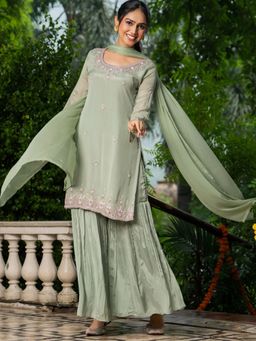 HOUSE OF JAMOTI - Panna Green Kurta with Sharara and Dupatta