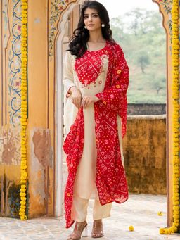 HOUSE OF JAMOTI - Eira Ruby Tissue Beige Straight Kurta with Pant and Dupatta