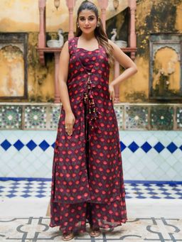 HOUSE OF JAMOTI - Raveilo Wine Crop Top with Palazzo and Jacket