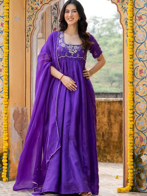HOUSE OF JAMOTI Naira Purple Anarkali Kurta with Pant and Dupatta