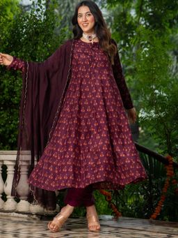 HOUSE OF JAMOTI - Crivora Wine Anarkali Kurta with Pant and Dupatta