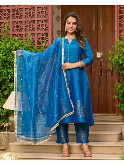 Indi Inside - Teal Three Fourth Sleeves Printed Silk Kurta with Pant and Dupatta