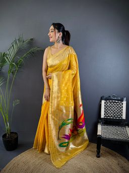 Elora - Yellow Tissue Mina Butti Zari Weaving Paithani Saree with Unstitched Blouse
