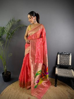 Elora - Pink Tissue Mina Butti Zari Weaving Paithani Saree with Unstitched Blouse