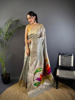 Elora - Grey Tissue Mina Butti Zari Weaving Paithani Saree with Unstitched Blouse