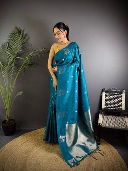 Elora - Blue Lichi Silk Flower Zari Weaving Banarasi Saree with Unstitched Blouse