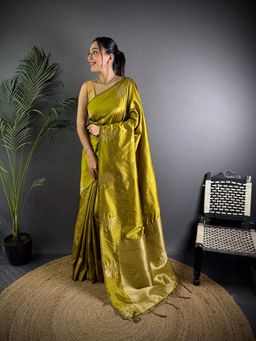 Elora - Olive Green Lichi Silk Zari Weaving Banarasi Saree with Unstitched Blouse