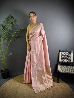 Elora - Baby Pink Lichi Silk Zari Weaving Banarasi Saree with Unstitched Blouse