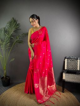 Elora - Red Lichi Silk Zari Weaving Banarasi Saree with Unstitched Blouse