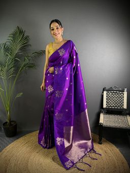 Elora - Violet Lichi Silk Flower Zari Weaving Banarasi Saree with Unstitched Blouse