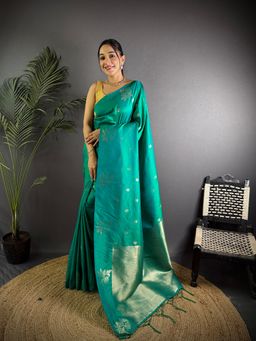 Elora - Teal Lichi Silk Flower Zari Weaving Banarasi Saree with Unstitched Blouse