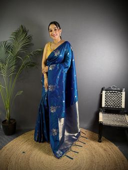 Elora - Blue Lichi Silk Flower Zari Weaving Banarasi Saree with Unstitched Blouse
