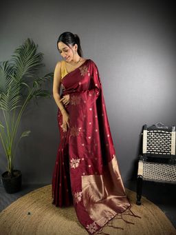 Elora - Maroon Lichi Silk Flower Zari Weaving Banarasi Saree with Unstitched Blouse