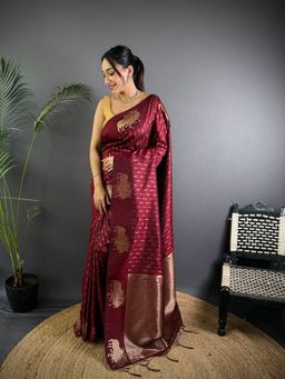 Elora - Maroon Silk Zari Weaving Banarasi Saree with Unstitched Blouse
