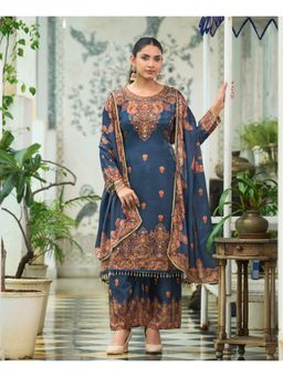 MOJILAA - Navy Blue Chinon Pakistani Printed Kurta and Palazzo with Dupatta