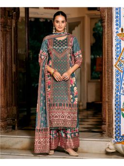 MOJILAA - Multicolor Chinon Pakistani Printed Kurta and Palazzo with Dupatta