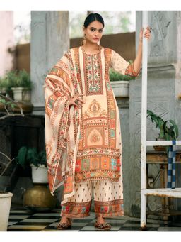 MOJILAA - Cream Chinon Pakistani Printed Kurta and Palazzo with Dupatta