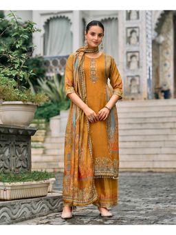 MOJILAA - Mustard Chinon Pakistani Printed Kurta and Palazzo with Dupatta