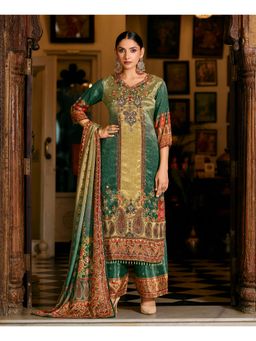 MOJILAA - Green Chinon Pakistani Printed Kurta and Palazzo with Dupatta