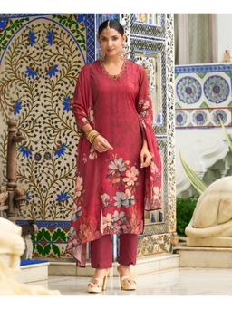 MOJILAA - Maroon Chinon Chiffon Floral Printed Kurta and Pant with Dupatta