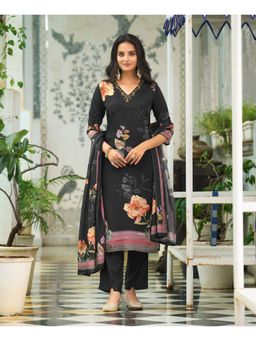 MOJILAA - Black Chinon Chiffon Floral Printed Kurta and Pant with Dupatta