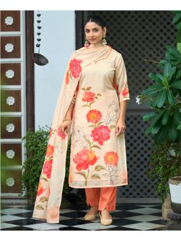 MOJILAA - Beige Chinon Chiffon Floral Printed Kurta and Pant with Dupatta