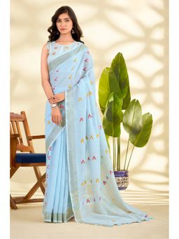 Mysilklove - Blue Linen Blend Woven Saree with Unstitched Blouse