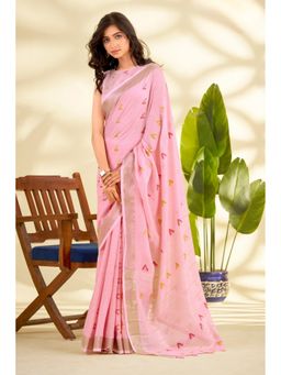 Mysilklove - Pink Linen Blend Woven Saree with Unstitched Blouse