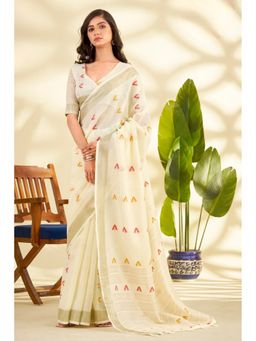 Mysilklove - White Linen Blend Woven Saree with Unstitched Blouse