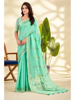 Mysilklove - Green Linen Blend Woven Saree with Unstitched Blouse