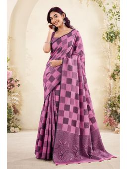 Mysilklove - Pink Linen Blend Checks Saree with Unstitched Blouse