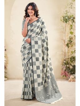 Mysilklove - Beige Linen Blend Checks Saree with Unstitched Blouse