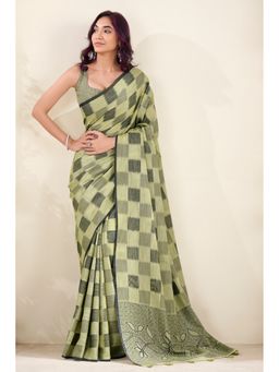 Mysilklove - Green Linen Blend Checks Saree with Unstitched Blouse