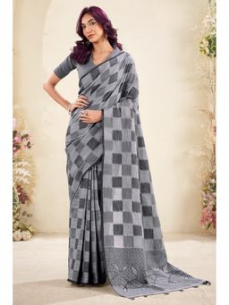 Mysilklove - Grey Linen Blend Checks Saree with Unstitched Blouse