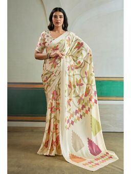 Mysilklove - Beige Satin Floral Saree with Unstitched Blouse