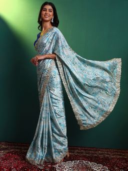 SALVIA SKY - Blue Chintz Printed Chinon Saree with Unstitched Blouse